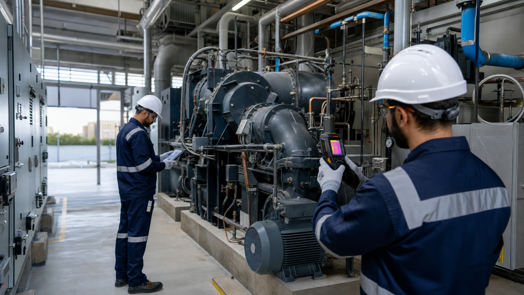 Energy engineers inspect industrial cooling equipment with a tablet and thermal imaging device