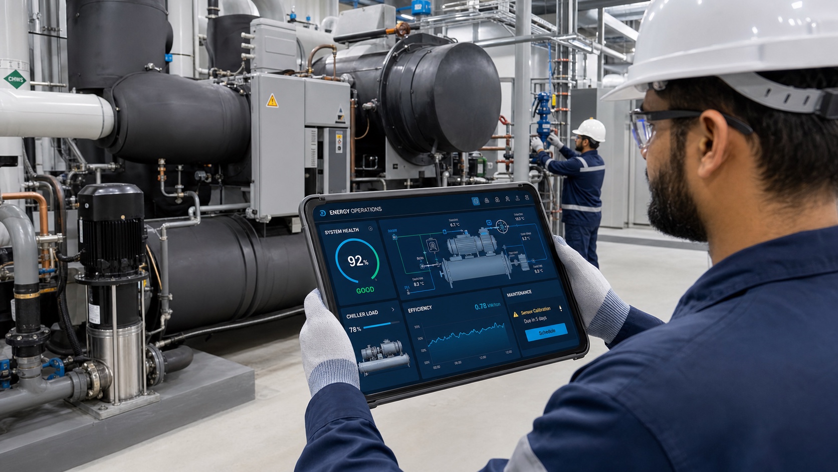 Facilities engineers inspect a commercial HVAC chiller while an energy operations interface is displayed on a rugged tablet