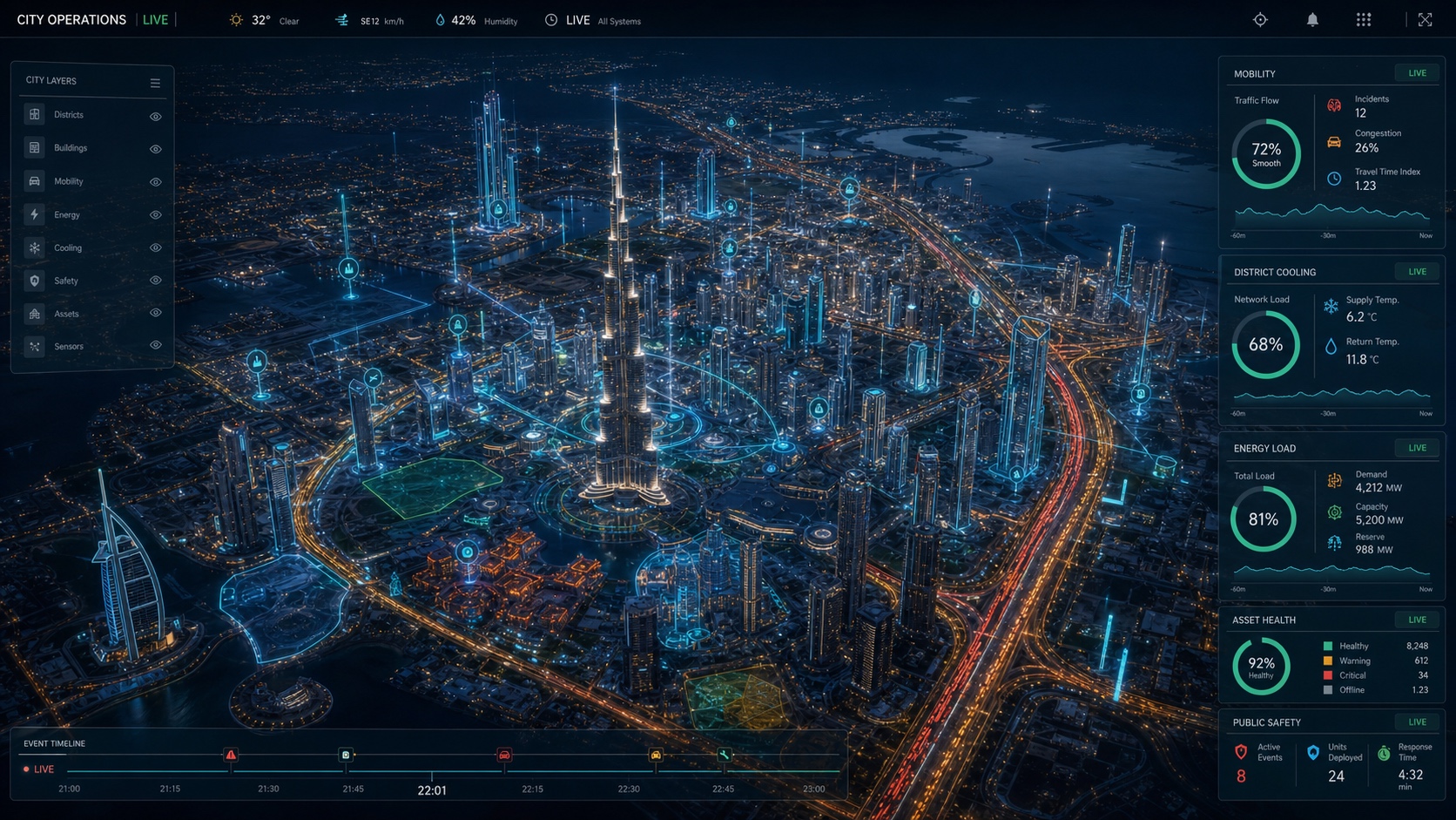 Illustrative Onward Digital Twin city operations application showing Dubai at night with mobility, district cooling, energy, asset health and public safety dashboards