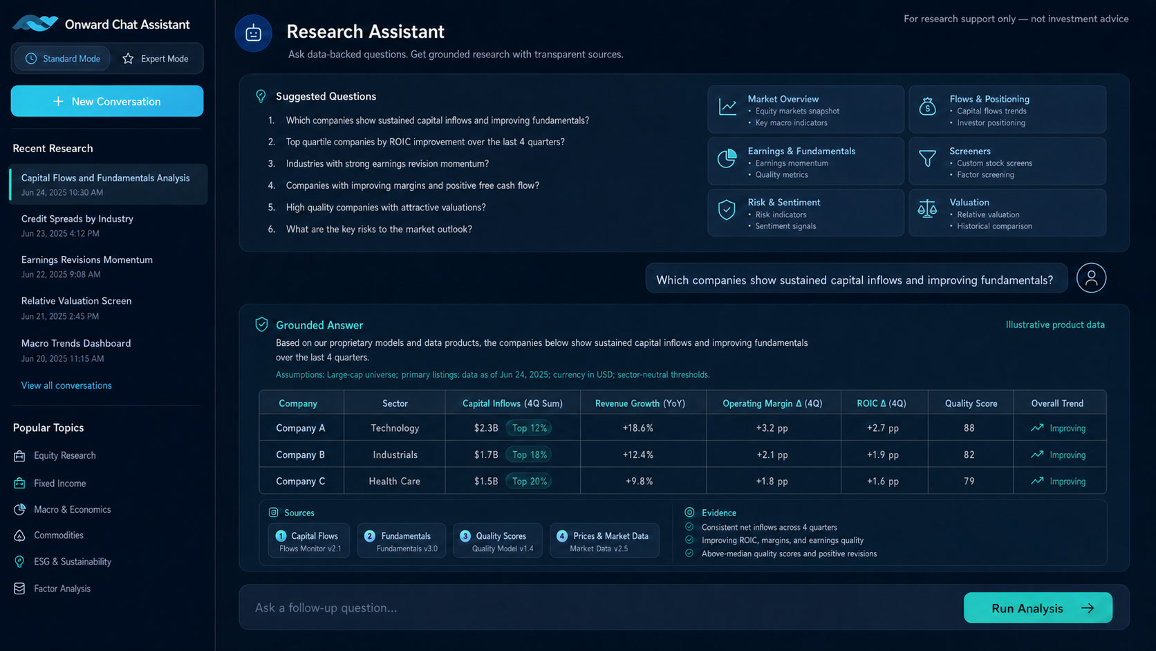 Onward AI Research Assistant product interface with governed questions, grounded answers, sources and evidence